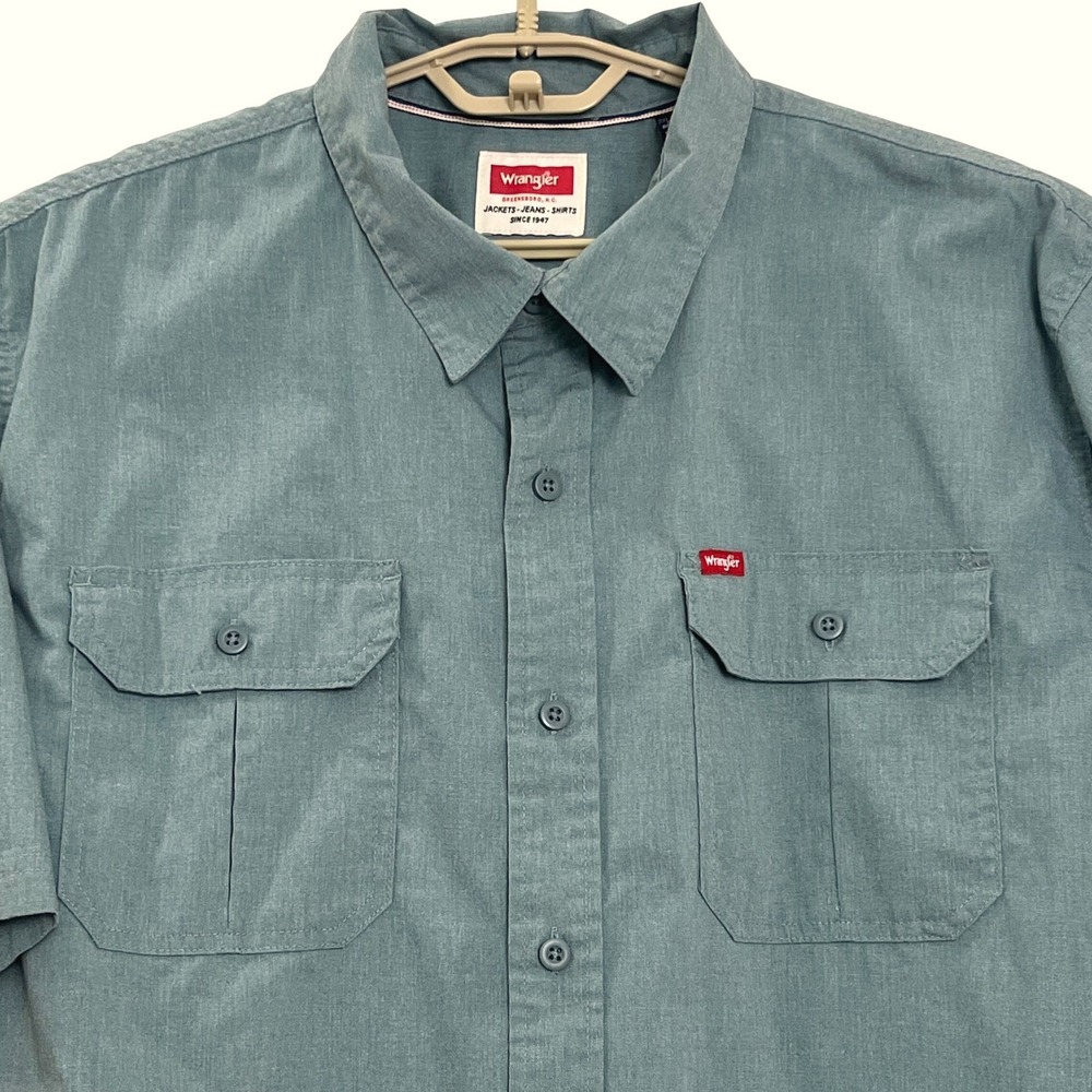 Wrangler Mens Button Down Shirt 2XL Green Short Sleeve Stretch Poplin Relaxed - Picture 4 of 9